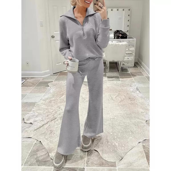 imageANRABESS Women 2 Piece Outfits Sweatsuit Set 2023 Fall Oversized Half Zip Sweatshirt Wide Leg Sweatpant Lounge Set TracksuitGrey
