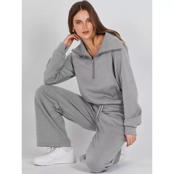 imageANRABESS Women 2 Piece Outfits Sweatsuit Set 2023 Fall Oversized Half Zip Sweatshirt Wide Leg Sweatpant Lounge Set TracksuitGrey