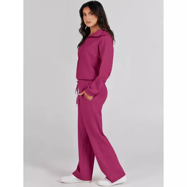 imageANRABESS Women 2 Piece Outfits Sweatsuit Set 2023 Fall Oversized Half Zip Sweatshirt Wide Leg Sweatpant Lounge Set TracksuitHot Pink