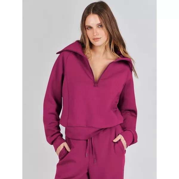 imageANRABESS Women 2 Piece Outfits Sweatsuit Set 2023 Fall Oversized Half Zip Sweatshirt Wide Leg Sweatpant Lounge Set TracksuitHot Pink