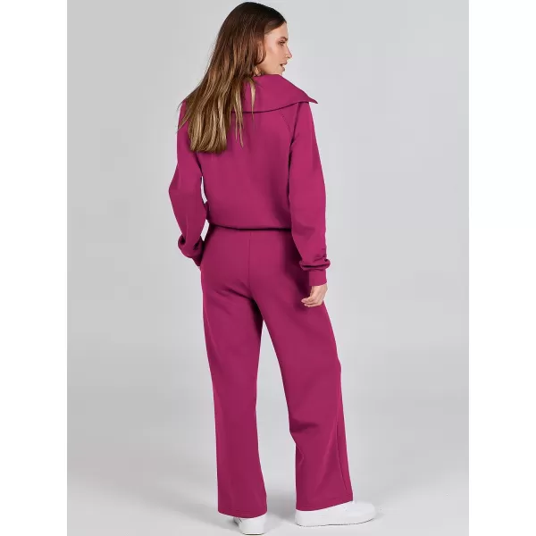 imageANRABESS Women 2 Piece Outfits Sweatsuit Set 2023 Fall Oversized Half Zip Sweatshirt Wide Leg Sweatpant Lounge Set TracksuitHot Pink