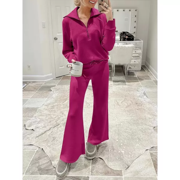 imageANRABESS Women 2 Piece Outfits Sweatsuit Set 2023 Fall Oversized Half Zip Sweatshirt Wide Leg Sweatpant Lounge Set TracksuitHot Pink