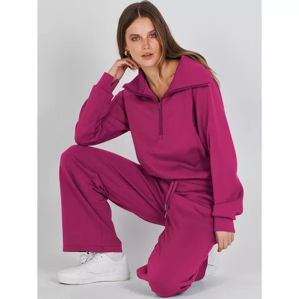 imageANRABESS Women 2 Piece Outfits Sweatsuit Set 2023 Fall Oversized Half Zip Sweatshirt Wide Leg Sweatpant Lounge Set TracksuitHot Pink
