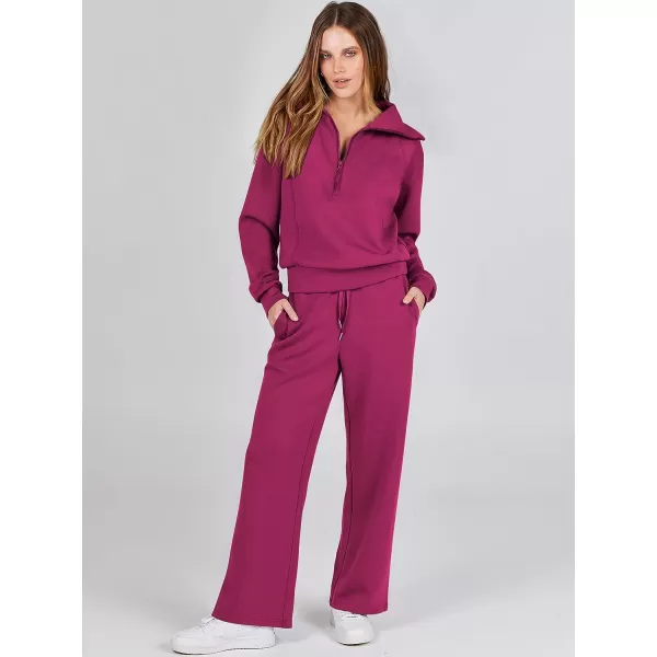 imageANRABESS Women 2 Piece Outfits Sweatsuit Set 2023 Fall Oversized Half Zip Sweatshirt Wide Leg Sweatpant Lounge Set TracksuitHot Pink