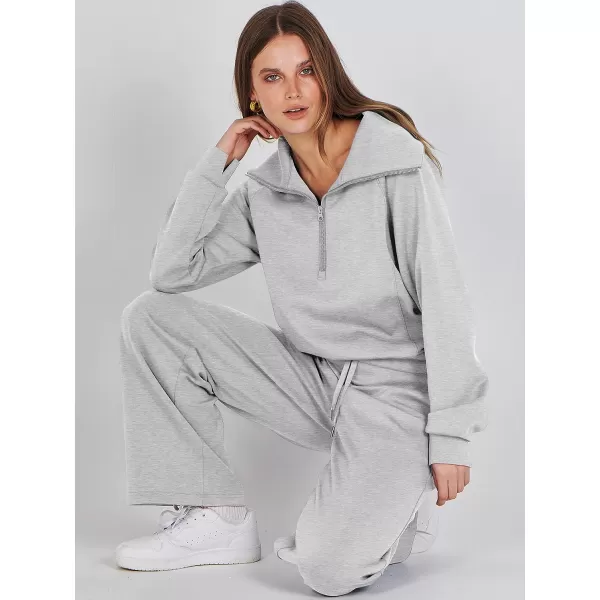 imageANRABESS Women 2 Piece Outfits Sweatsuit Set 2023 Fall Oversized Half Zip Sweatshirt Wide Leg Sweatpant Lounge Set TracksuitLight Grey