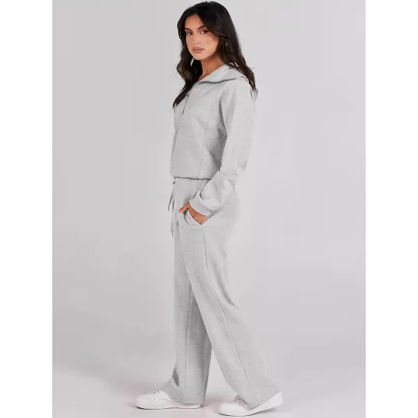 imageANRABESS Women 2 Piece Outfits Sweatsuit Set 2023 Fall Oversized Half Zip Sweatshirt Wide Leg Sweatpant Lounge Set TracksuitLight Grey