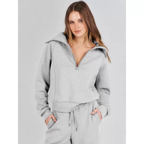 imageANRABESS Women 2 Piece Outfits Sweatsuit Set 2023 Fall Oversized Half Zip Sweatshirt Wide Leg Sweatpant Lounge Set TracksuitLight Grey