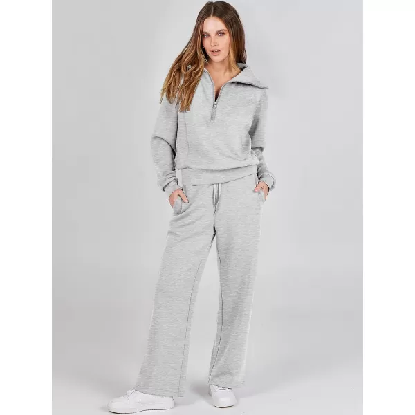 imageANRABESS Women 2 Piece Outfits Sweatsuit Set 2023 Fall Oversized Half Zip Sweatshirt Wide Leg Sweatpant Lounge Set TracksuitLight Grey