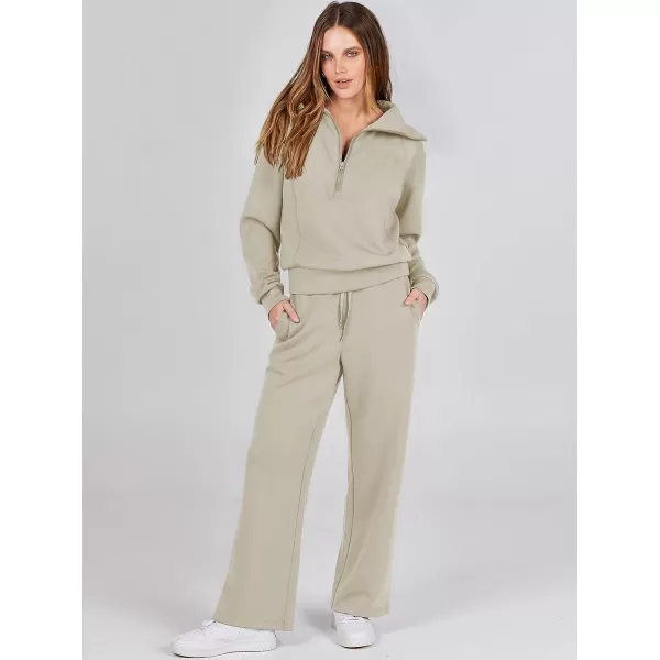 imageANRABESS Women 2 Piece Outfits Sweatsuit Set 2023 Fall Oversized Half Zip Sweatshirt Wide Leg Sweatpant Lounge Set TracksuitLight Khaki