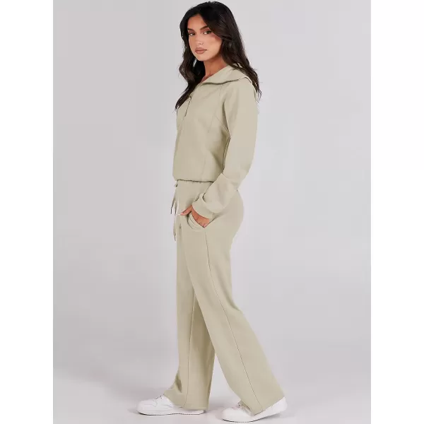 imageANRABESS Women 2 Piece Outfits Sweatsuit Set 2023 Fall Oversized Half Zip Sweatshirt Wide Leg Sweatpant Lounge Set TracksuitLight Khaki