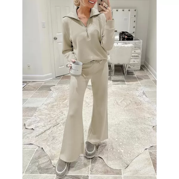 imageANRABESS Women 2 Piece Outfits Sweatsuit Set 2023 Fall Oversized Half Zip Sweatshirt Wide Leg Sweatpant Lounge Set TracksuitLight Khaki