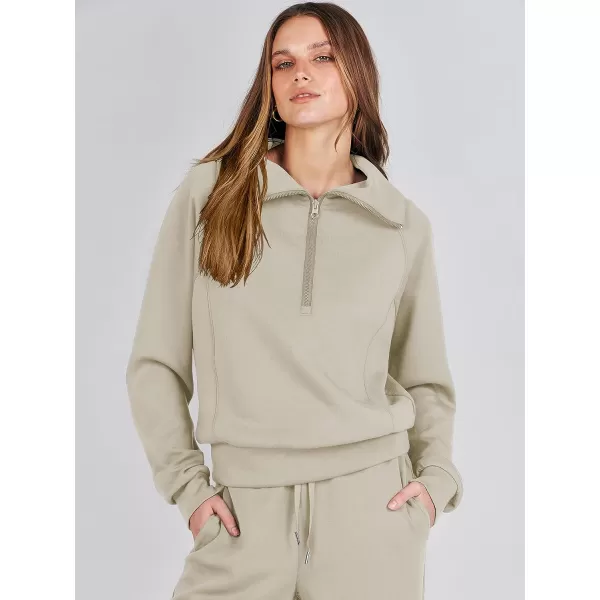 imageANRABESS Women 2 Piece Outfits Sweatsuit Set 2023 Fall Oversized Half Zip Sweatshirt Wide Leg Sweatpant Lounge Set TracksuitLight Khaki
