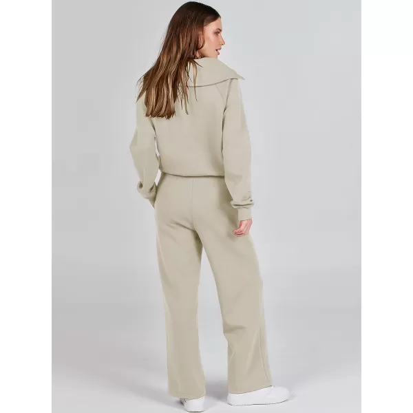 imageANRABESS Women 2 Piece Outfits Sweatsuit Set 2023 Fall Oversized Half Zip Sweatshirt Wide Leg Sweatpant Lounge Set TracksuitLight Khaki