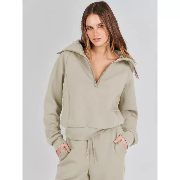 imageANRABESS Women 2 Piece Outfits Sweatsuit Set 2023 Fall Oversized Half Zip Sweatshirt Wide Leg Sweatpant Lounge Set TracksuitLight Khaki
