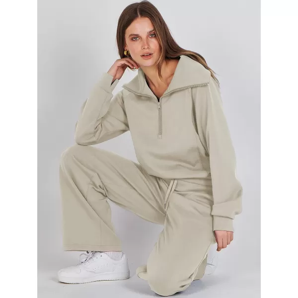 imageANRABESS Women 2 Piece Outfits Sweatsuit Set 2023 Fall Oversized Half Zip Sweatshirt Wide Leg Sweatpant Lounge Set TracksuitLight Khaki