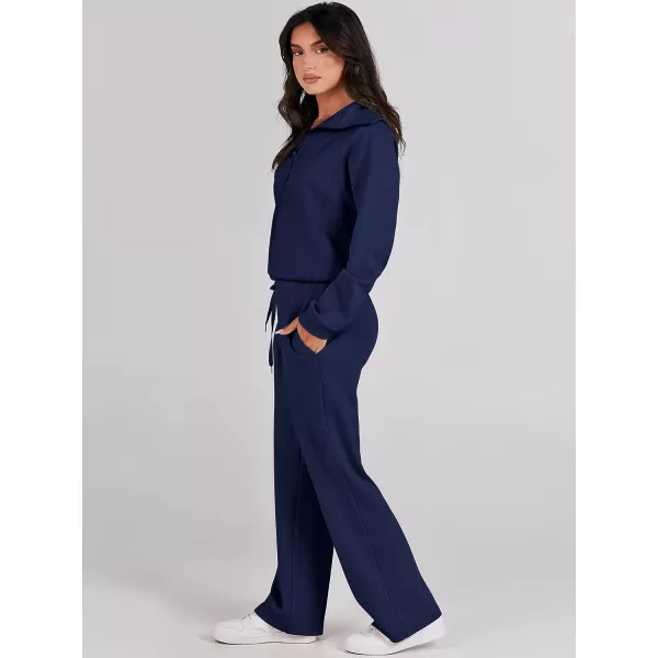 imageANRABESS Women 2 Piece Outfits Sweatsuit Set 2023 Fall Oversized Half Zip Sweatshirt Wide Leg Sweatpant Lounge Set TracksuitNavy Blue