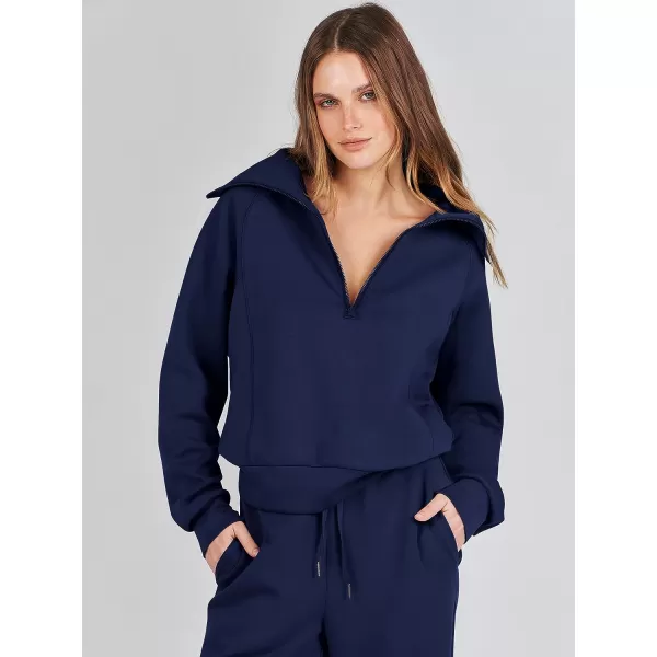 imageANRABESS Women 2 Piece Outfits Sweatsuit Set 2023 Fall Oversized Half Zip Sweatshirt Wide Leg Sweatpant Lounge Set TracksuitNavy Blue