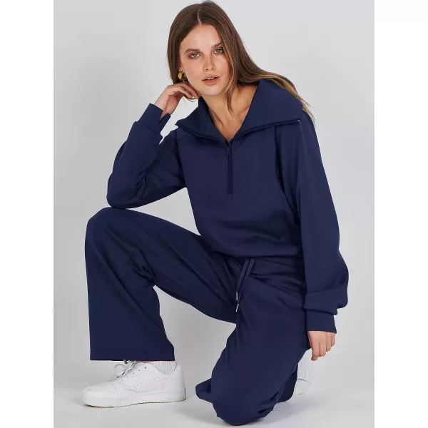 imageANRABESS Women 2 Piece Outfits Sweatsuit Set 2023 Fall Oversized Half Zip Sweatshirt Wide Leg Sweatpant Lounge Set TracksuitNavy Blue