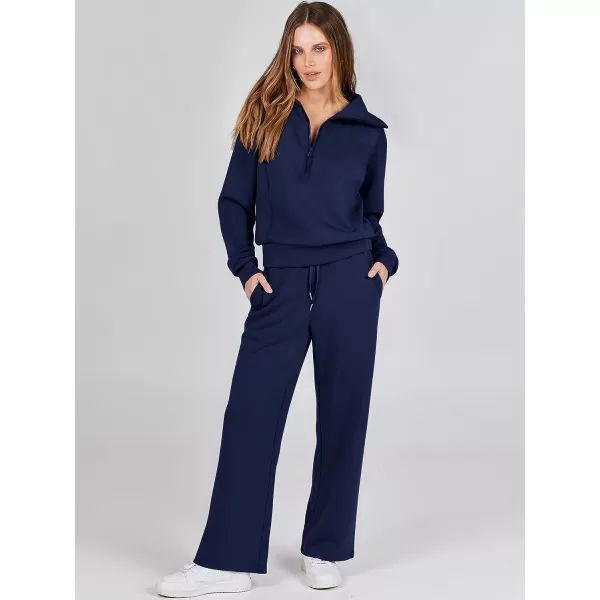 imageANRABESS Women 2 Piece Outfits Sweatsuit Set 2023 Fall Oversized Half Zip Sweatshirt Wide Leg Sweatpant Lounge Set TracksuitNavy Blue
