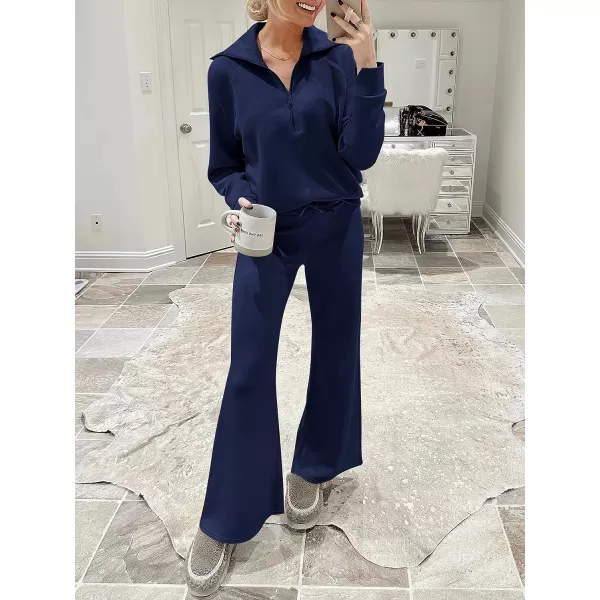 imageANRABESS Women 2 Piece Outfits Sweatsuit Set 2023 Fall Oversized Half Zip Sweatshirt Wide Leg Sweatpant Lounge Set TracksuitNavy Blue