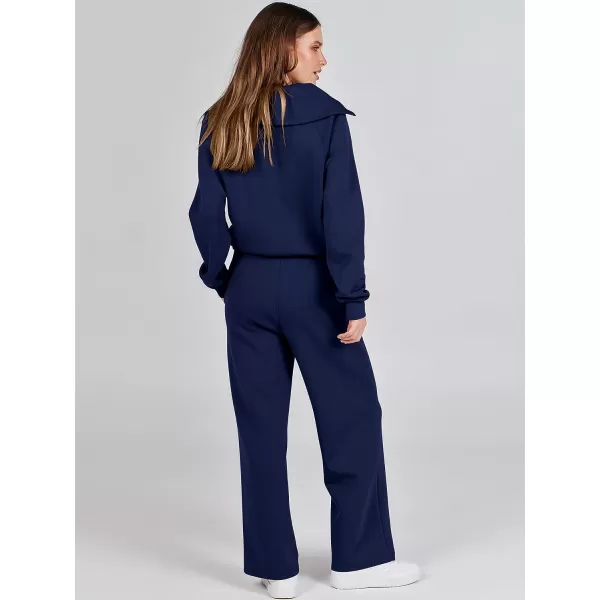 imageANRABESS Women 2 Piece Outfits Sweatsuit Set 2023 Fall Oversized Half Zip Sweatshirt Wide Leg Sweatpant Lounge Set TracksuitNavy Blue