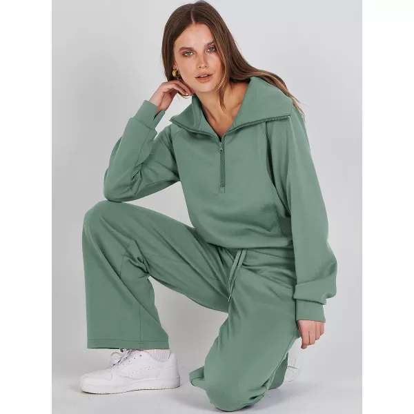 imageANRABESS Women 2 Piece Outfits Sweatsuit Set 2023 Fall Oversized Half Zip Sweatshirt Wide Leg Sweatpant Lounge Set TracksuitPea Green