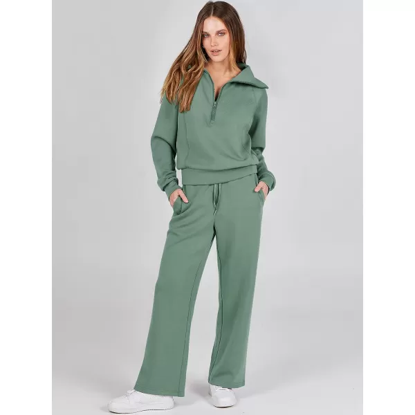 imageANRABESS Women 2 Piece Outfits Sweatsuit Set 2023 Fall Oversized Half Zip Sweatshirt Wide Leg Sweatpant Lounge Set TracksuitPea Green