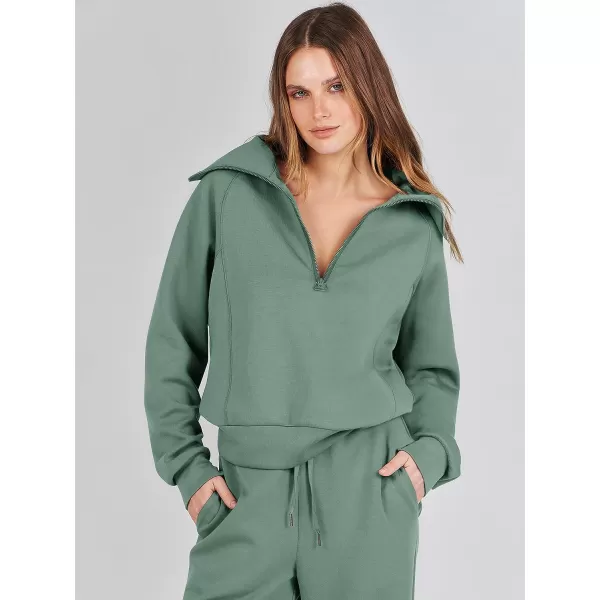 imageANRABESS Women 2 Piece Outfits Sweatsuit Set 2023 Fall Oversized Half Zip Sweatshirt Wide Leg Sweatpant Lounge Set TracksuitPea Green