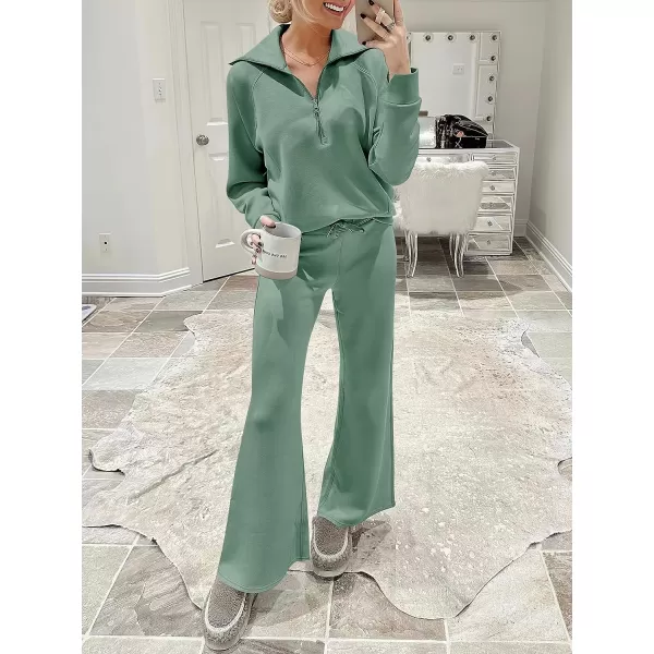 imageANRABESS Women 2 Piece Outfits Sweatsuit Set 2023 Fall Oversized Half Zip Sweatshirt Wide Leg Sweatpant Lounge Set TracksuitPea Green