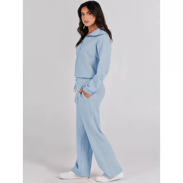 imageANRABESS Women 2 Piece Outfits Sweatsuit Set 2023 Fall Oversized Half Zip Sweatshirt Wide Leg Sweatpant Lounge Set TracksuitSky