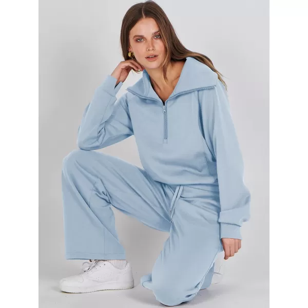 imageANRABESS Women 2 Piece Outfits Sweatsuit Set 2023 Fall Oversized Half Zip Sweatshirt Wide Leg Sweatpant Lounge Set TracksuitSky