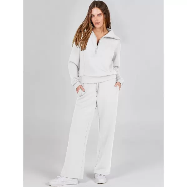 imageANRABESS Women 2 Piece Outfits Sweatsuit Set 2023 Fall Oversized Half Zip Sweatshirt Wide Leg Sweatpant Lounge Set TracksuitWhite