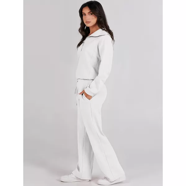 imageANRABESS Women 2 Piece Outfits Sweatsuit Set 2023 Fall Oversized Half Zip Sweatshirt Wide Leg Sweatpant Lounge Set TracksuitWhite