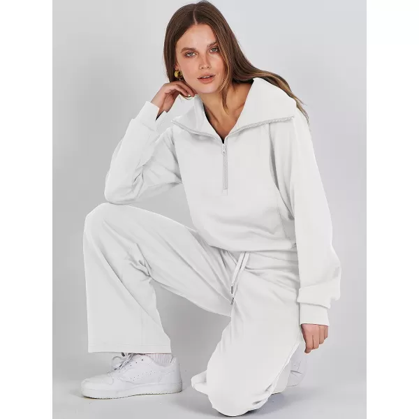 imageANRABESS Women 2 Piece Outfits Sweatsuit Set 2023 Fall Oversized Half Zip Sweatshirt Wide Leg Sweatpant Lounge Set TracksuitWhite