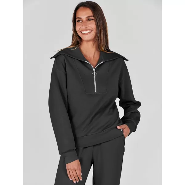 imageANRABESS Women 2 Piece Outfits Sweatsuit Set Fall Fashion Half Zip Sweatshirt Jogger Sweatpants Lounge Matching SetBlack
