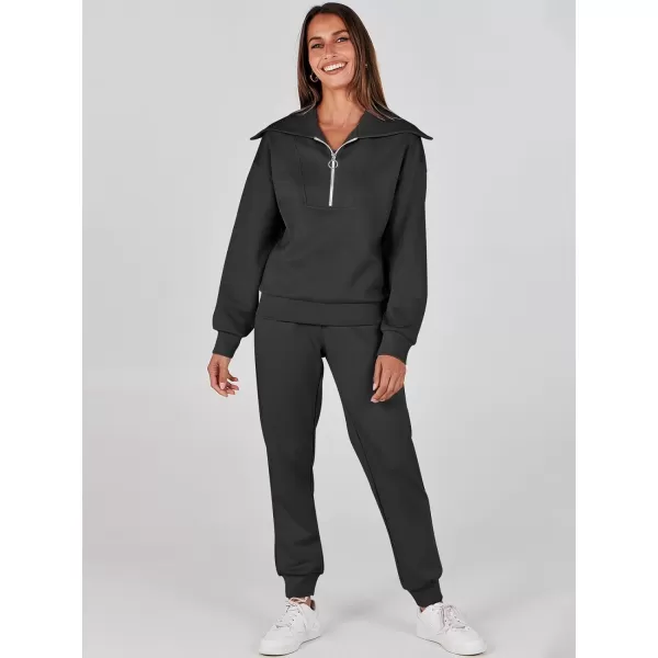 imageANRABESS Women 2 Piece Outfits Sweatsuit Set Fall Fashion Half Zip Sweatshirt Jogger Sweatpants Lounge Matching SetBlack