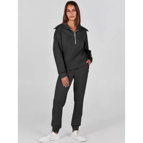 imageANRABESS Women 2 Piece Outfits Sweatsuit Set Fall Fashion Half Zip Sweatshirt Jogger Sweatpants Lounge Matching SetBlack