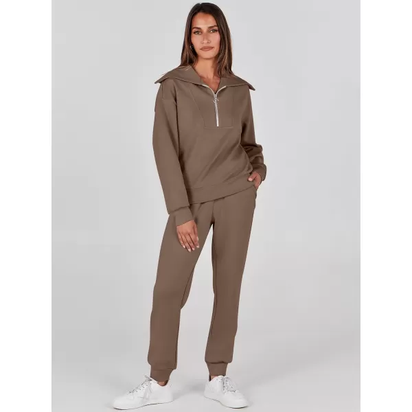 imageANRABESS Women 2 Piece Outfits Sweatsuit Set Fall Fashion Half Zip Sweatshirt Jogger Sweatpants Lounge Matching SetBrown