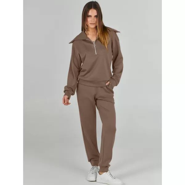 imageANRABESS Women 2 Piece Outfits Sweatsuit Set Fall Fashion Half Zip Sweatshirt Jogger Sweatpants Lounge Matching SetBrown