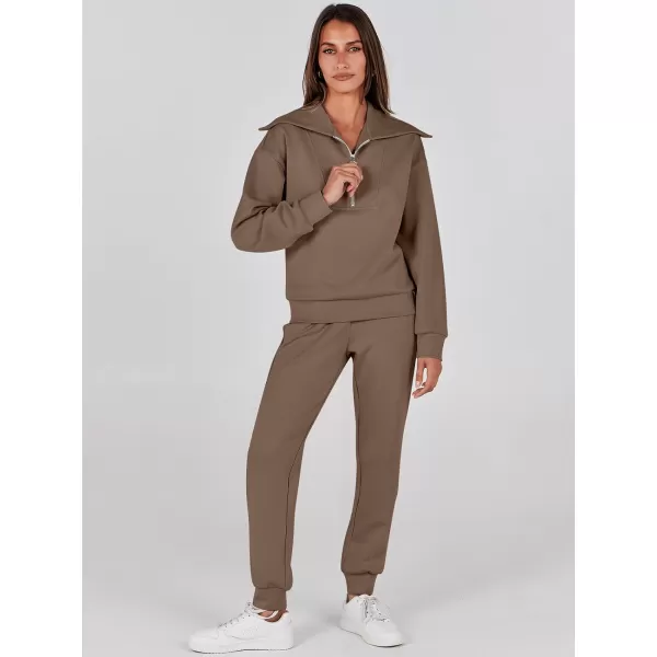 imageANRABESS Women 2 Piece Outfits Sweatsuit Set Fall Fashion Half Zip Sweatshirt Jogger Sweatpants Lounge Matching SetBrown