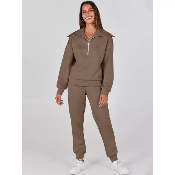imageANRABESS Women 2 Piece Outfits Sweatsuit Set Fall Fashion Half Zip Sweatshirt Jogger Sweatpants Lounge Matching SetBrown