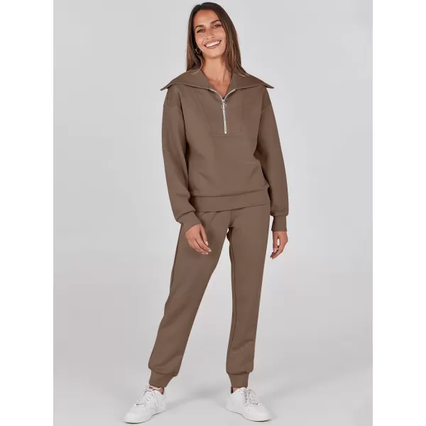 imageANRABESS Women 2 Piece Outfits Sweatsuit Set Fall Fashion Half Zip Sweatshirt Jogger Sweatpants Lounge Matching SetBrown