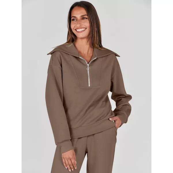 imageANRABESS Women 2 Piece Outfits Sweatsuit Set Fall Fashion Half Zip Sweatshirt Jogger Sweatpants Lounge Matching SetBrown