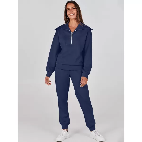imageANRABESS Women 2 Piece Outfits Sweatsuit Set Fall Fashion Half Zip Sweatshirt Jogger Sweatpants Lounge Matching SetNavy Blue