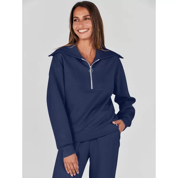 imageANRABESS Women 2 Piece Outfits Sweatsuit Set Fall Fashion Half Zip Sweatshirt Jogger Sweatpants Lounge Matching SetNavy Blue