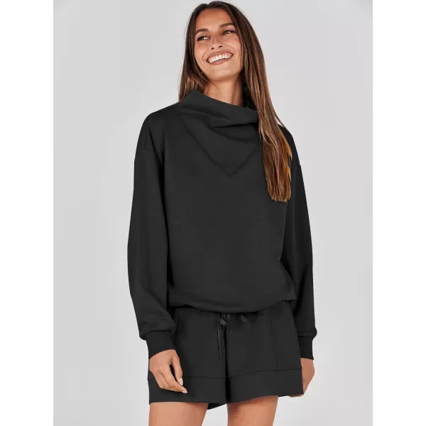 imageANRABESS Women 2 Piece Outfits Sweatsuits Cowl Neck Sweatshirts amp Lounge Shorts Matching Sweat Sets Tracksuit SetBlack