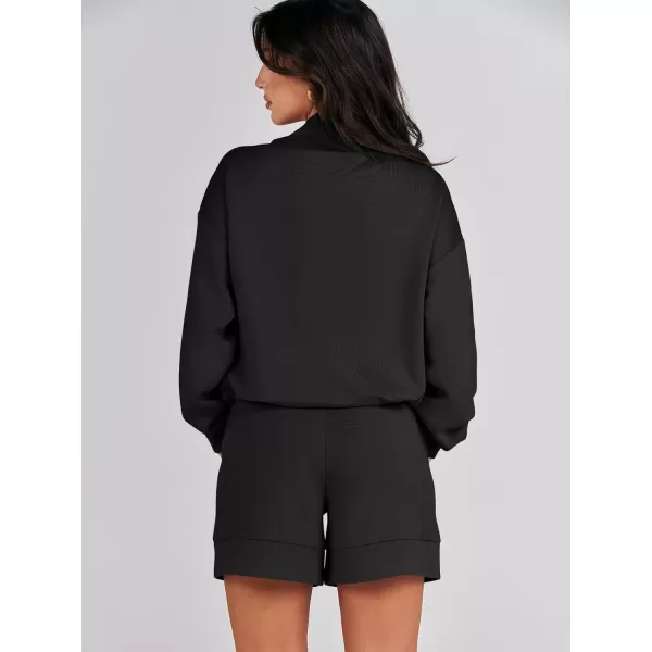 imageANRABESS Women 2 Piece Outfits Sweatsuits Cowl Neck Sweatshirts amp Lounge Shorts Matching Sweat Sets Tracksuit SetBlack