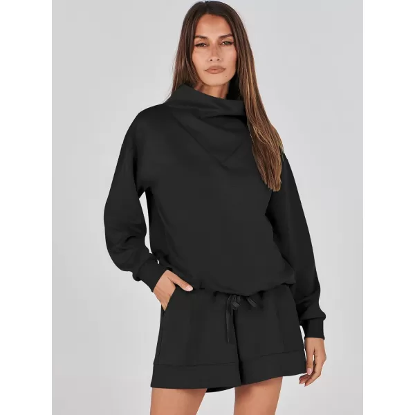 imageANRABESS Women 2 Piece Outfits Sweatsuits Cowl Neck Sweatshirts amp Lounge Shorts Matching Sweat Sets Tracksuit SetBlack