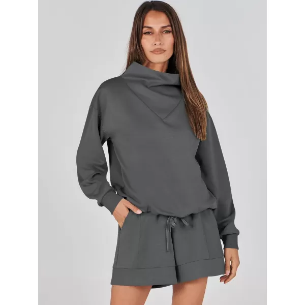 imageANRABESS Women 2 Piece Outfits Sweatsuits Cowl Neck Sweatshirts amp Lounge Shorts Matching Sweat Sets Tracksuit SetDeep Grey