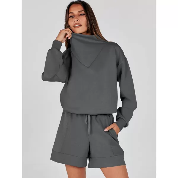 imageANRABESS Women 2 Piece Outfits Sweatsuits Cowl Neck Sweatshirts amp Lounge Shorts Matching Sweat Sets Tracksuit SetDeep Grey